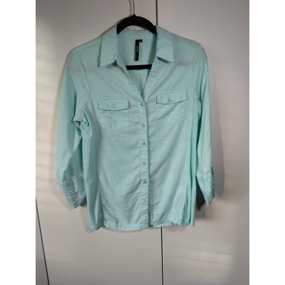 Womens Linen Blend Button Down Shirt Size M Blue Coastal Resort Minimalist
